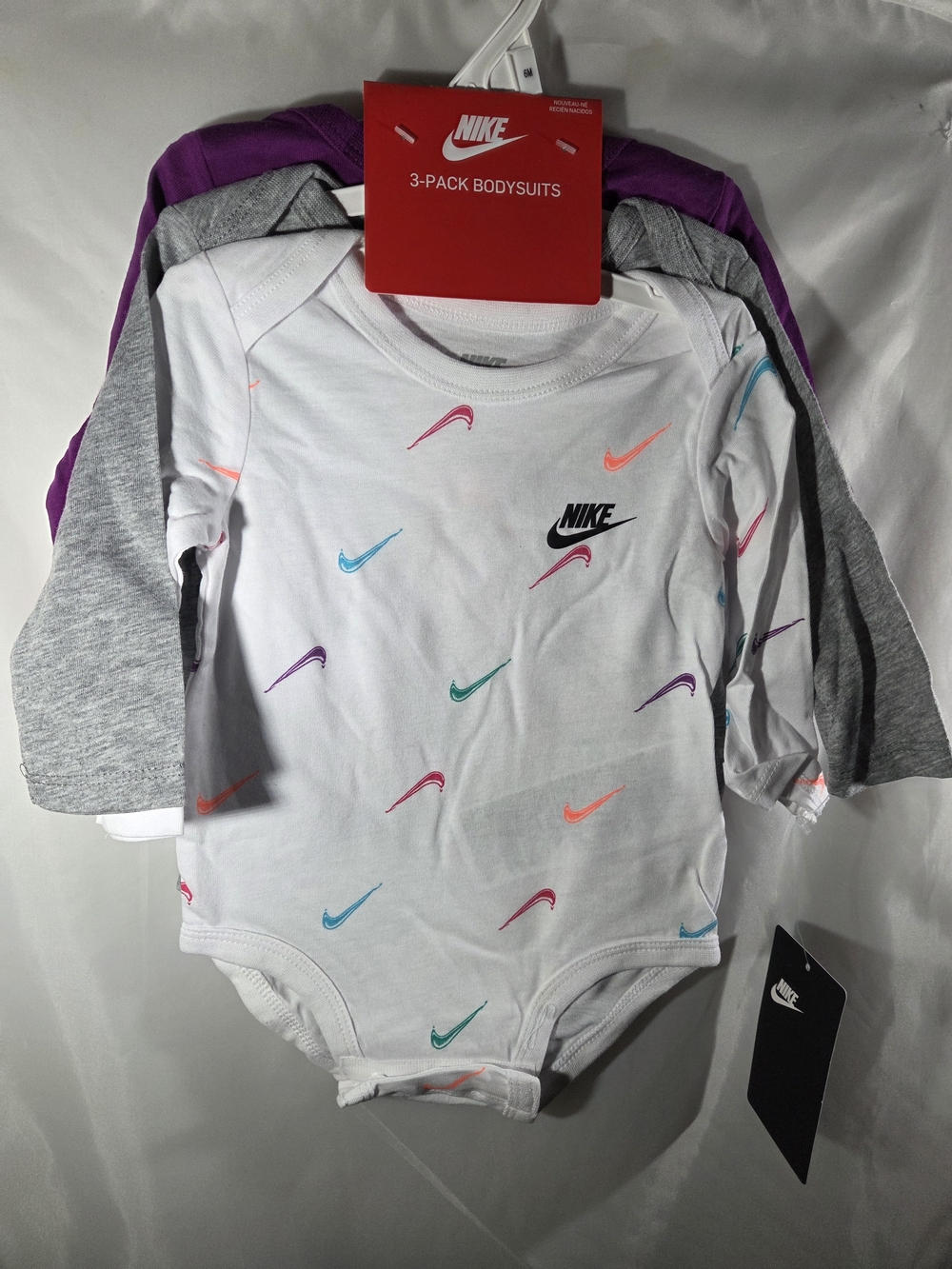 Nike Baby Long-Sleeve Bodysuit 3-Pack – White with Multicolor Swoosh